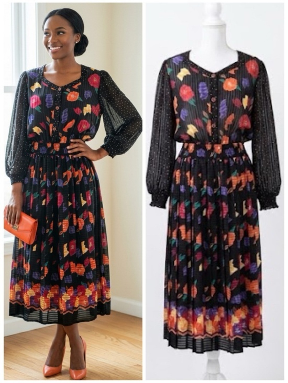 1980s Montage by Mosaic Black Multi Colorful Floral Dot Pleated Midi Dress Sz XL